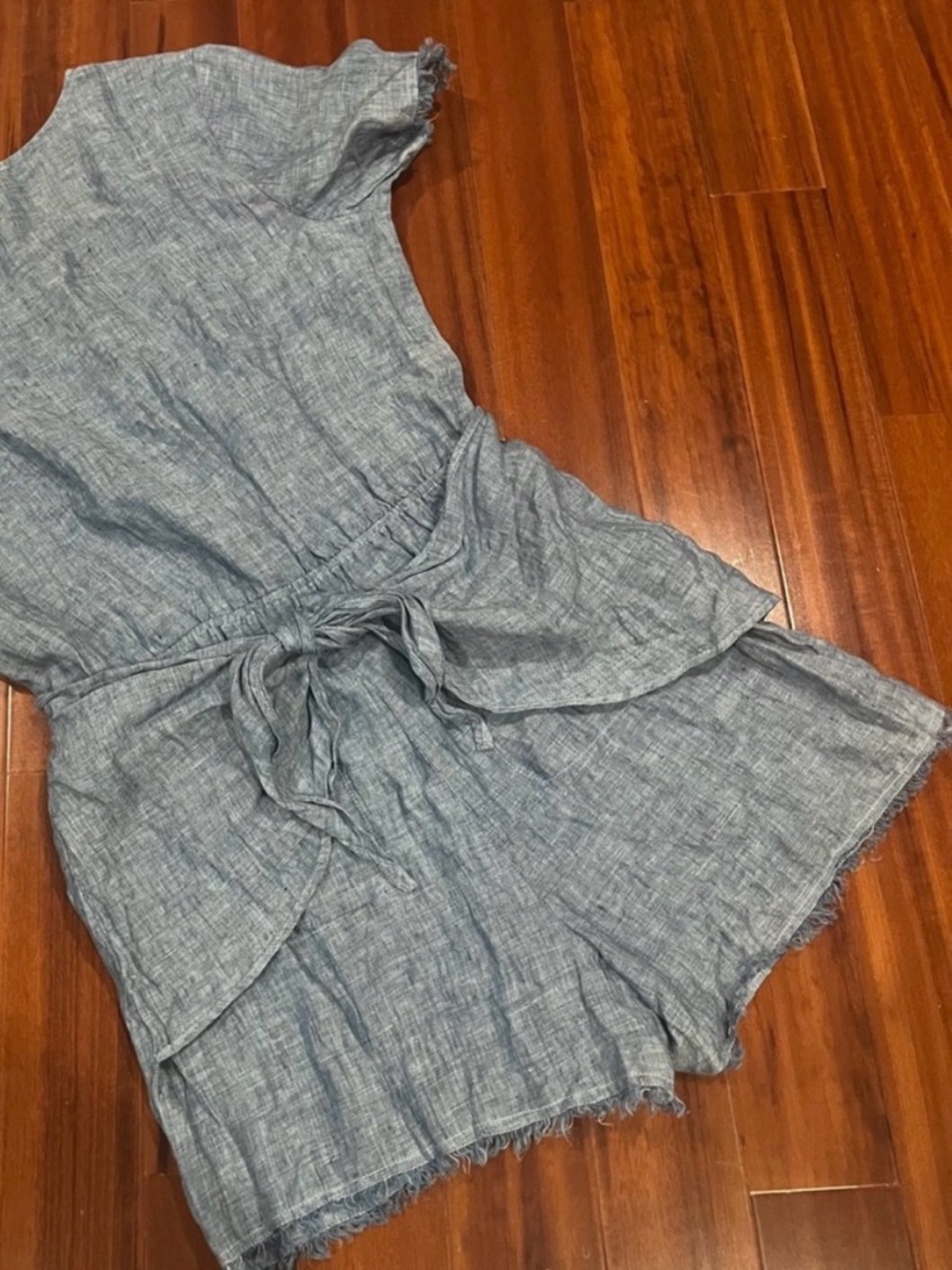 Sanctuary Anthropologie Linen Romper Blue Chambray Wrap Tie One Piece Shorts L